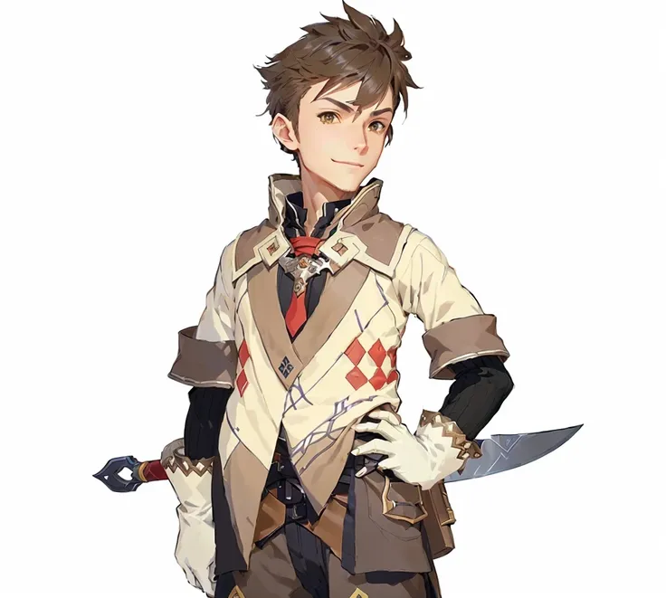 a close-up of a male person with a sword and a jacket, short brown hair, smile, Art style of Rune Factory 5, official character art, Guilty Gear Art Style, Jrpg-Charakterkunst, cushart krenz key art, ( ( Concept art for characters ) ), 2 d sprite, human, d...