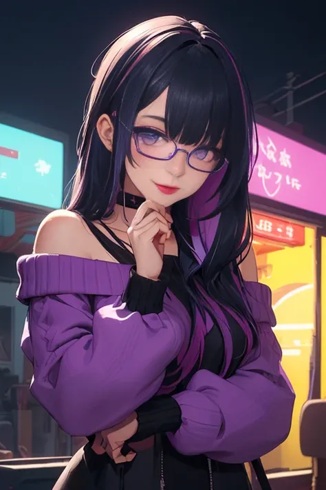 (Best quality, Ultra detailed, Masterpiece:1.5), perfect face, female, gamer girl, aqua eyes, cherry-red lips, light smile, long black hair, purple streaked hair, ((purple highlights)), bangs, ribbon, choker, nerdy glasses, sleeves past fingers, black off-...