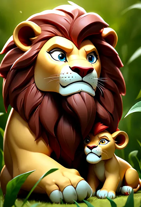 ((work of art, maximum quality, high resolution)), ((highly detailed 8K unified CG wallpaper)), Fotografia de animais, there is a Lion and a Lion cub playing together in the grass, proud look, Lions, King of the jungle, to celebrate, paternal, wonderful be...