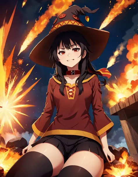 quiet, relaxing atmosphere 1girl megumin from konosuba, cloack, smileyhut, explosion,
 zip2d , calming style, calming colors, pe...