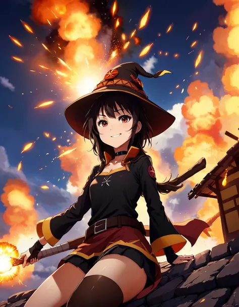 quiet, relaxing atmosphere 1girl megumin from konosuba, cloack, smileyhut, explosion,
 zip2d , calming style, calming colors, pe...