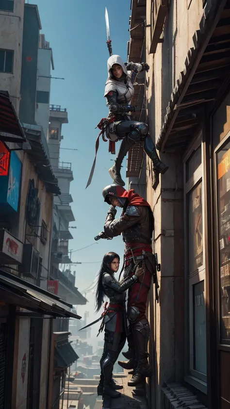 Two Cyberpunk Assassins Creed Holding a sword, Climb on the rafters on the wall on the restaurant street on a modern street. Robots work everywhere. Modern weapons. Modern red suit. Electronic city. Modern weapons. White suit. Hold the blade.Metal robot ar...