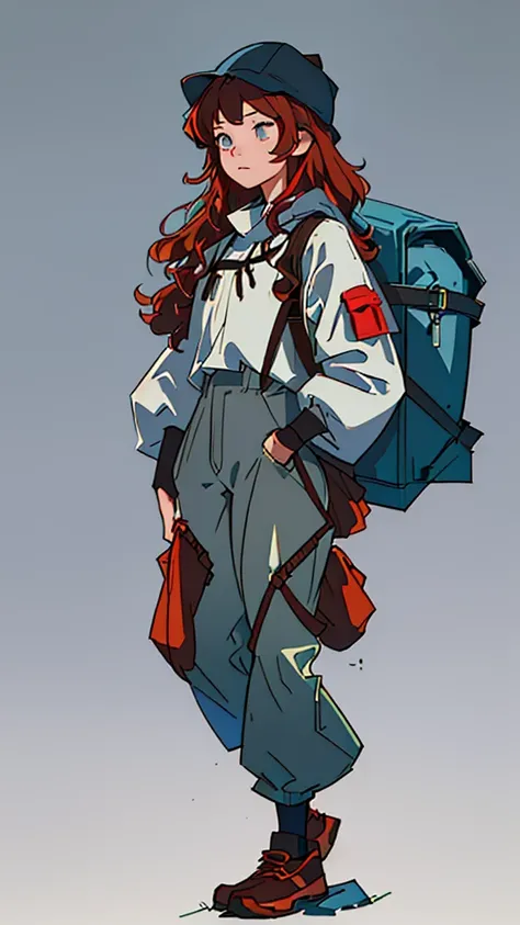 1 Girl、adventure、Explorer、Bucket hat、brown、Trekking shoes、pants、Ruck sack、Mountain climbing、Dense forest、Western、Red hair、Long Hair、Fluffy hair、Natural curls、quiet、Calm、whole body、Are standing、Gray background、Simple Background、Highest quality、high resoluti...