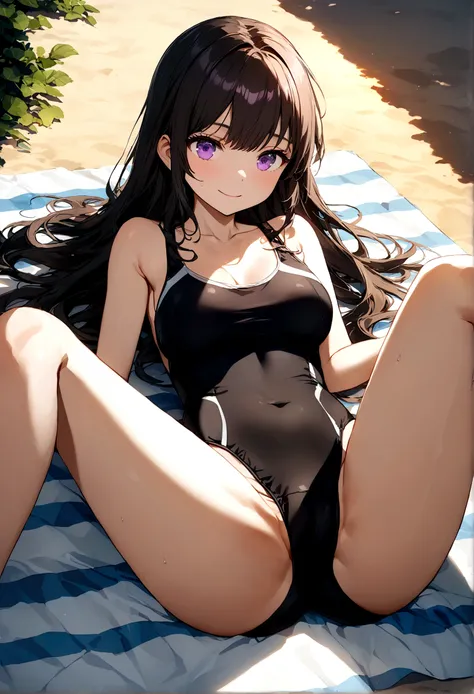 32k, best quality, ultra high res, HDR, UHD, extremely detailed CG, unity 32k wallpaper, very cute, 16-year-old girl, 1 person, Purple eyes, ((black competitive swimsuit)), Beach, black long hair, (large breasts), (Laugh shyly), ((Lie down on a picnic shee...