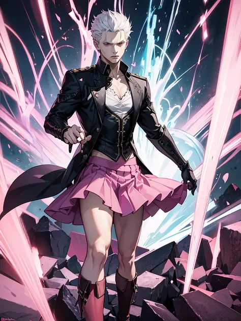 Vergil from devil may cry Wearing a pink skirt with high heels  With a dissatisfied face