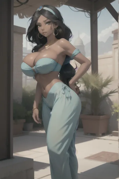 jasmine, dark-skinned female, long hair, multi-tied hair, 
bandeau, earrings, harem pants,, masterpiece, best quality, highly detailed, big fake tits cleavage 