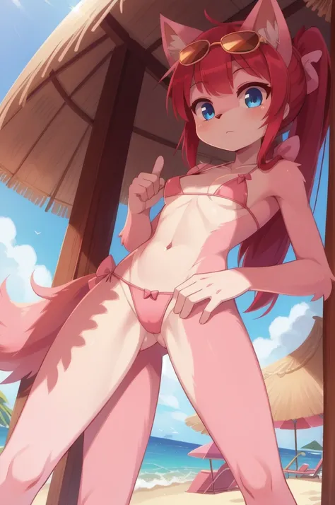 furry girl, cat, red hair, knight bangs hairstyle, long ponytail, anime style, medium breasts, blue eyes, ((bright pink bikini Bandeau with bow in the center, side bows at the bottom, Sunglasses and wide-brimmed hat)), high quality, detailed body, detailed...