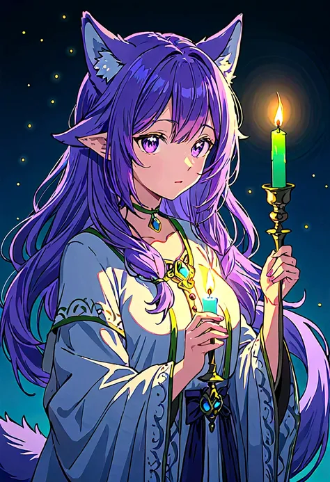 Wolf girl with ears, wolf tail with purple hair, holding a glowing candle, with blue background mixed with green and purple