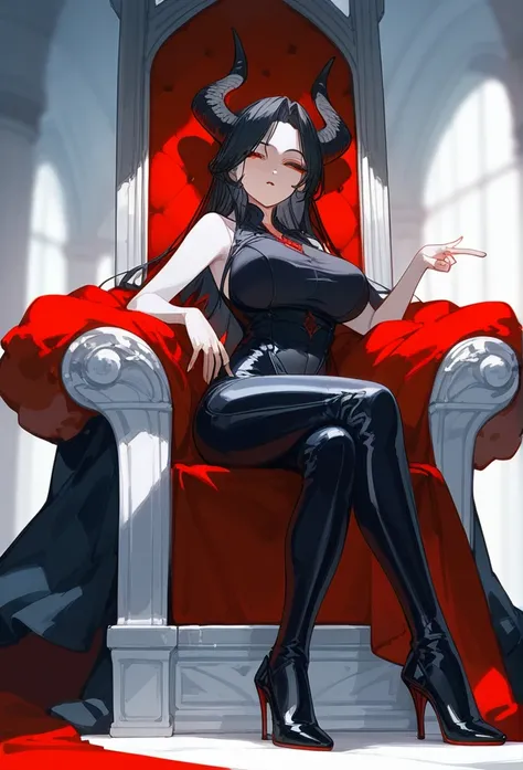 masterpiece, Score_9, Score_8_up, Score_7_up, front view, 1 woman, alone, black hair with red, long hair, parted bangs, dark red eyes, half-closed eyes, parted lips, expressionless, pale skin, large breasts, body suit, black bottom, best quality, horns up,...