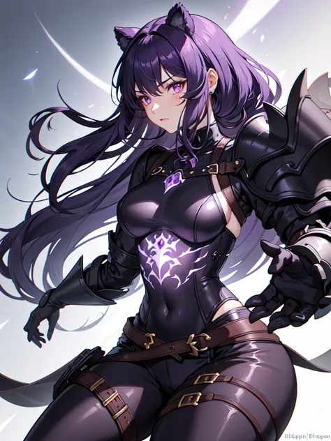 a female character for an RPG with these characteristics:

- A bear-woman demi-human (just bear paws and ears)
- Scar on his cheek and neck - Lifeless dark purple eyes and short dark purple hair - An extremely tired look - His clothes are leather armor wit...