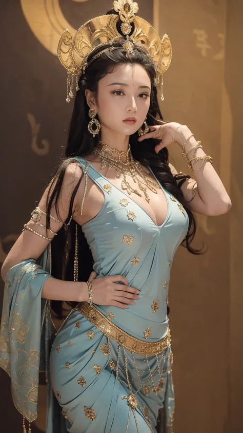 Masterpiece, best quality, 1 woman, alone, ((adult))，(big breasts)， long hair，Micro gold，be happy, looking at the audience, Dunhuang Mogao Cave, (background)，(precise、perfect appearance:1.3)，ultra high definition，Ray tracing,，glare， correct structure，won，H...