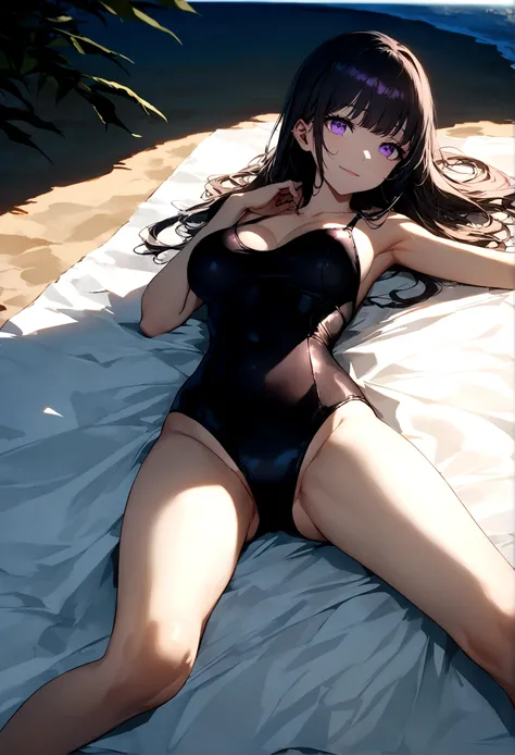 32k, best quality, ultra high res, HDR, UHD, extremely detailed CG, unity 32k wallpaper, very cute, 16-year-old girl, 1 person, Purple eyes, ((black competitive swimsuit)), Beach, black long hair, (large breasts), (Laugh shyly), ((Lie down on a picnic shee...