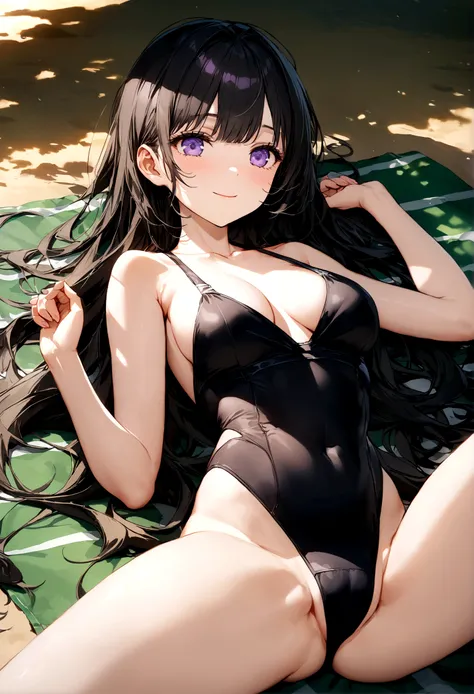 32k, best quality, ultra high res, HDR, UHD, extremely detailed CG, unity 32k wallpaper, very cute, 16-year-old girl, 1 person, Purple eyes, ((black competitive swimsuit)), Beach, black long hair, (large breasts), (Laugh shyly), ((Lie down on a picnic shee...