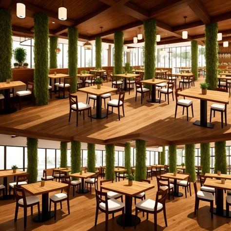 3D graphics, like in a game Interior of the restaurant with three columns in the center, a pair of large tables with soft chairs in light colors and wooden floor and a bar with plants 