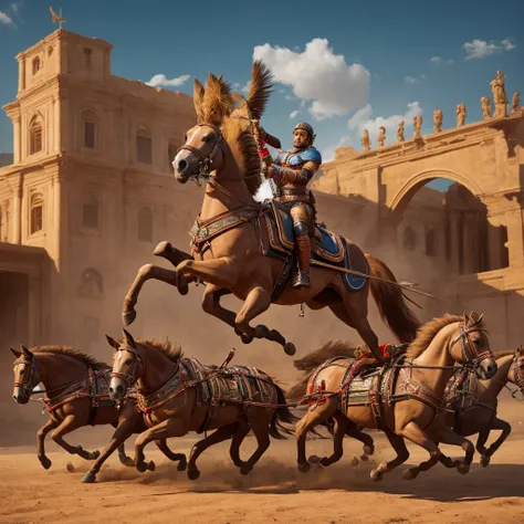 (best quality,4k,8k,highres,masterpiece:1.2),ultra-detailed,(realistic,photorealistic,photo-realistic:1.37),quadriga of donkeys, detailed donkeys, detailed harness and chariot, intricate decorative chariot, chariot race, ancient greek style, dynamic compos...