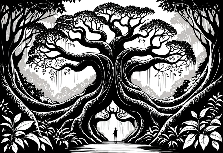 Rainforest，Big tree with vines entwined，Black and white line drawing，Line Art