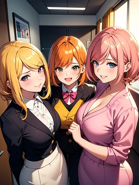 two sexy bubbly and cheerful women in office outfits holding 4 years old boy with blonde hair between them, women have short, vibrant orange hair with highlights of pink, flirtatious smile, looking at camera