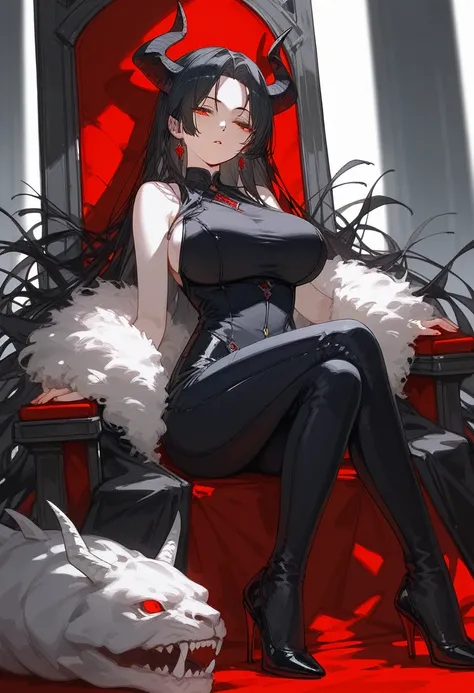 masterpiece, Score_9, Score_8_up, Score_7_up, front view, 1 woman, alone, black hair with red, long hair, parted bangs, dark red eyes, half-closed eyes, parted lips, expressionless, pale skin, large breasts, body suit, black bottom, best quality, horns up,...