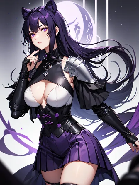 a female character for an RPG with these characteristics:

- A bear-woman demi-human (just bear paws and ears)
- Scar on his cheek and neck - Lifeless dark purple eyes and short dark purple hair - An extremely tired look - His clothes are leather armor wit...