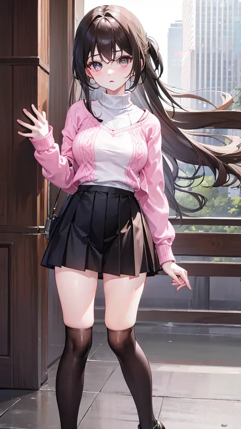 Pink knitted sweater with no cuffs at all，The pleated skirt can probably just hold 1/2 thighs covered