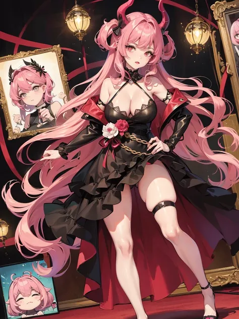 a full body devil girl who is half hidden angel with a beautiful devilish dress , has big  and thick thighs with pink hairs and black and golden dress