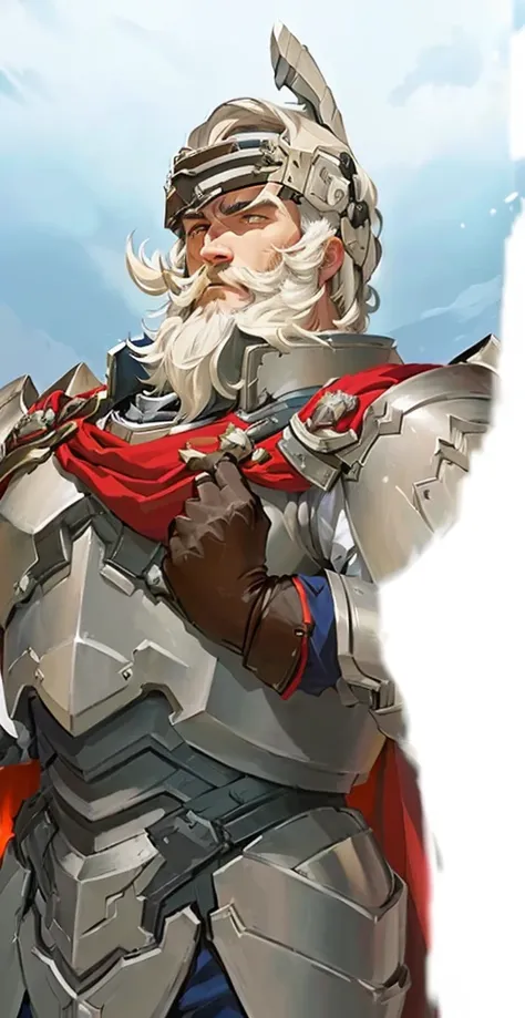 Anime picture of a man in armor, White pointed beard, red cape, Character Art Close-Up, Image of a male clergyman, offcial art, Detailed shots, Bastion, huge shoulders, offcial artwork, Kasimir Art, Winston aus Overwatch, A human male paladin, granblue fan...