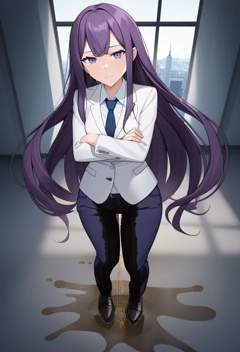 (masterpiece:1.37), best quality, (extremely detailed:1.37), office, window overlooking a bustling cityscape, woman, (mature:1.75), (adult:1.5), (very long hair:1.5), dark purple hair, purple eyes, (extremely detailed eyes:1.37), breasts, sunglasses, busin...