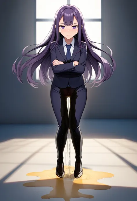 (masterpiece:1.37), best quality, (extremely detailed:1.37), office, window overlooking a bustling cityscape, woman, (mature:1.75), (adult:1.5), (very long hair:1.5), dark purple hair, purple eyes, (extremely detailed eyes:1.37), breasts, sunglasses, busin...