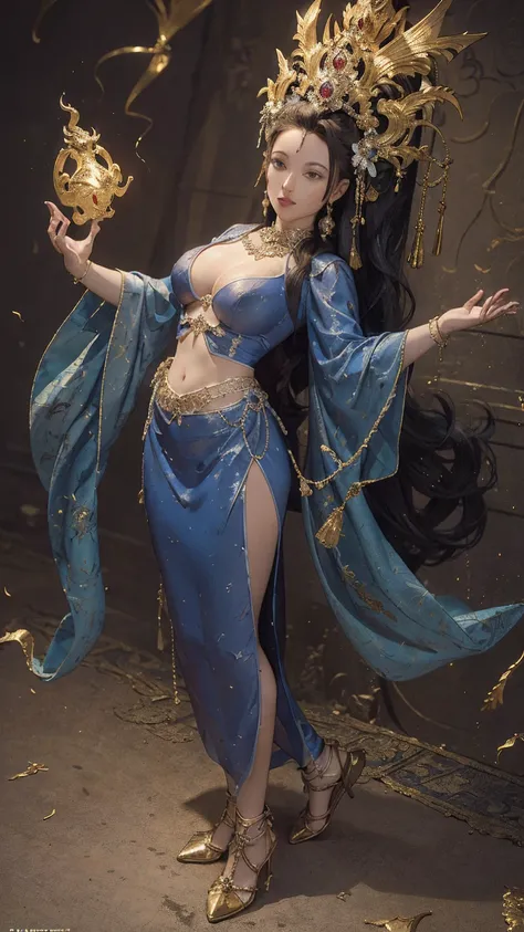 full body image, Masterpiece, best quality, 1 woman, alone, ((adult))，(big breasts)， long hair，Micro gold，be happy, looking at the audience, Dunhuang Mogao Cave, (background)，(precise、perfect appearance:1.3)，ultra high definition，Ray tracing,，glare， correc...