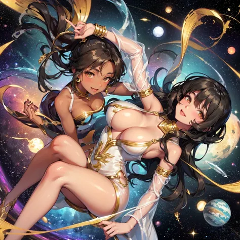 Woman with very long wavy big breast and black hair tan skin wearing a beautiful  glitter dress and smiling up. Little, surrounded by outerspace, planets, and galaxies