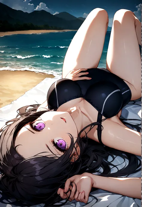 32k, best quality, ultra high res, HDR, UHD, extremely detailed CG, unity 32k wallpaper, very cute, 16-year-old girl, 1 person, Purple eyes, ((black competitive swimsuit)), Beach, black long hair, (large breasts), (Laugh shyly), ((Lie down on a picnic shee...