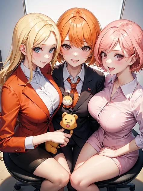 two sexy bubbly and cheerful women in office outfits holding small boy with blonde hair between them, women have short, vibrant orange hair with highlights of pink, flirtatious smile, looking at camera