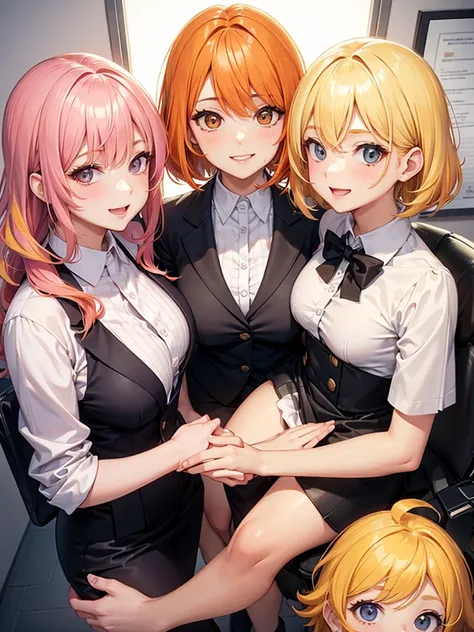 two sexy bubbly and cheerful women in office outfits holding small boy with blonde hair between them, women have short, vibrant orange hair with highlights of pink, flirtatious smile, looking at camera