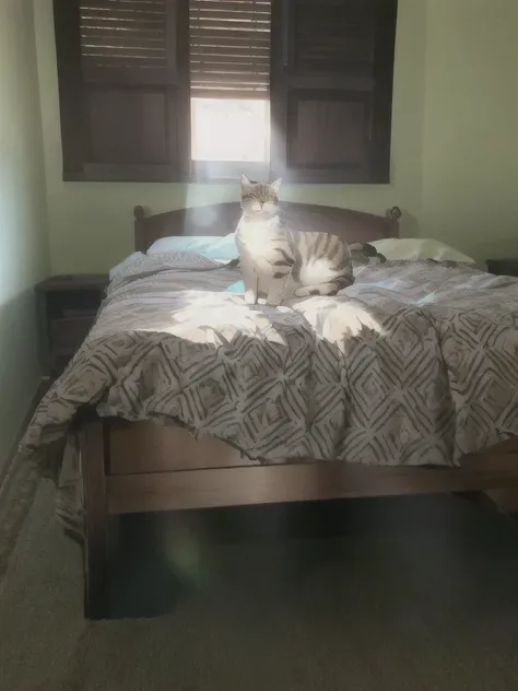 a cat on a bed, sunlight streaming in through window, detailed furred cat, soft bedding, natural lighting, warm tones, cozy atmosphere, photorealistic, 8k, high resolution, realistic, hyper detailed, masterpiece