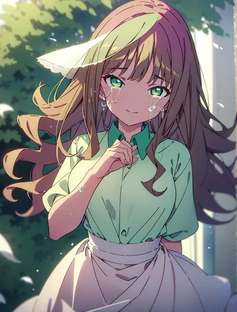 minami yume ,sss Dynazenon ,Long Hair, Brown Hair, (Green Eyes:1.5) ,smile,Wedding dress,Wedding Skirts,holding a large bouquet of flowers in both hands,Tears stream down her face,Tears of joy,I cry a lot,Stand Glass,
break outdoors, Association,Chapel,
br...