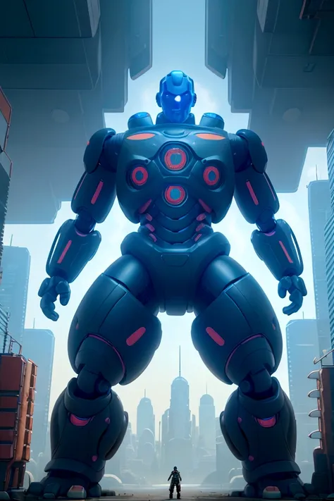 a massive humanoid robot with giant muscular mechanical body, intricate mechanical details, highly detailed gears and pistons, towering over a futuristic city skyline, advanced technology, cyberpunk aesthetic, dramatic lighting, cinematic composition, vibr...