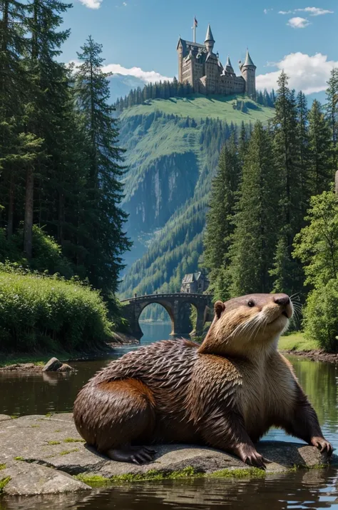 Realistic beaver photo, wearing a shiny armour with sword and shielf, epic castle in the background, one beaver