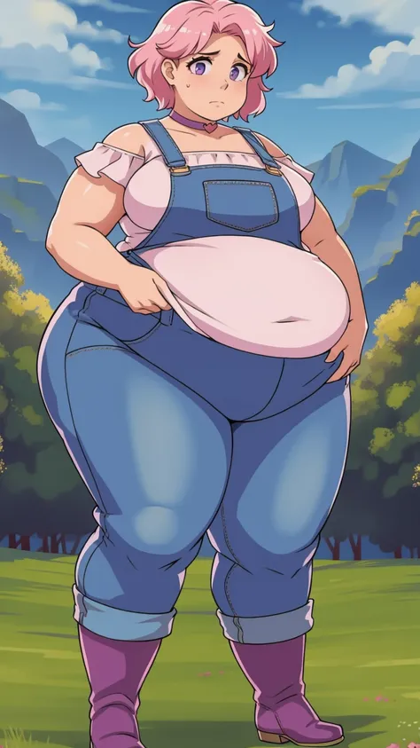 (Obese:1.1),fat, Slightly chubby, sad, farm backround, Full body, looking at viewer, 1girl, solo, short pink hair, (dark blue choker), (dark blue denim overalls), (purple eyes), (pink boots), (white shoulder lantern sleeve blouse, tucked in pants