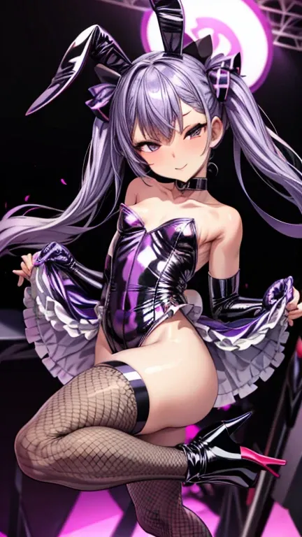 masterpiece、Double Girl、Purple Hair、slender、clavicle、Bunny Suit、Fishnet tights、High heels、stage、Heart mark hole