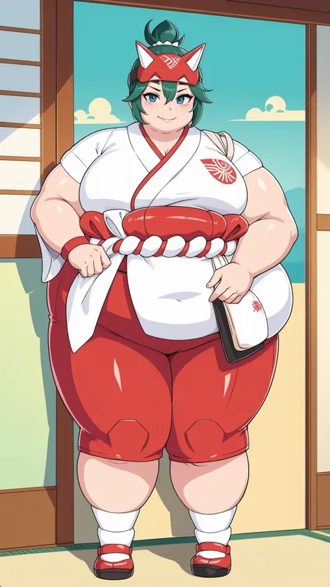 (obese:1.1)japanese style white talisman, bedroom, accessories, wristlet, bandage ,smirk, looking at viewer,, full body