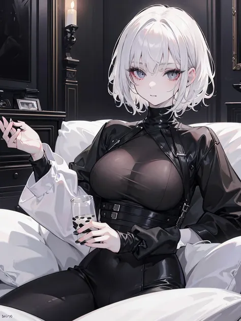 Best quality, masterpiece, super high resolution, (realism: 1.4), white hair, white curly hair, short hair, pale skin, bedhead, wispy bangs, black turtleneck, black lipstick, black long sleeves, indoors, eye shadow, mascara, black clothing, full_body, goth