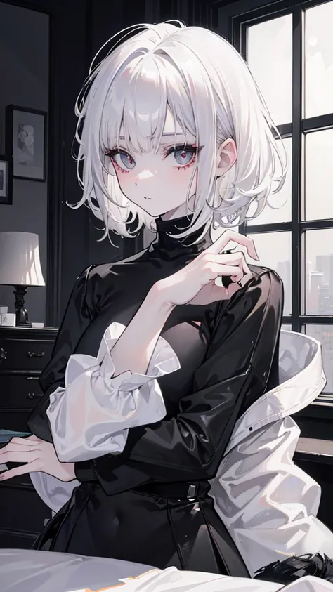 Best quality, masterpiece, super high resolution, (realism: 1.4), white hair, white curly hair, short hair, pale skin, bedhead, wispy bangs, black turtleneck, black lipstick, black long sleeves, indoors, eye shadow, mascara, black clothing, full_body, goth