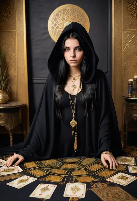 young witch of the desert 15 years old, in the Arab room, black long cape with a hood reaching to the eyes, golden eyes, black hair, black outfit, eye tattoo under collarbone, gold jewelry, full length, fortune telling cards in hand