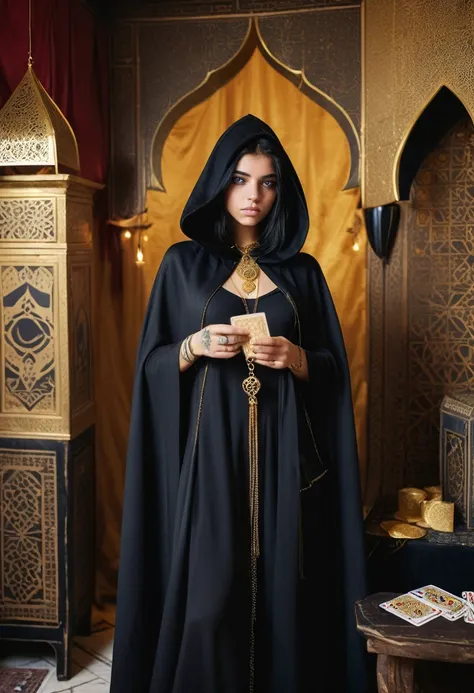 young witch of the desert 15 years old, in the Arab room, black long cape with a hood reaching to the eyes, golden eyes, black hair, black outfit, eye tattoo under collarbone, gold jewelry, full length, fortune telling cards in hand