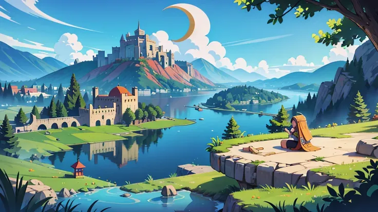 landscape image, a beautiful crescent shaped lake with a fortress city on a peninsula at the centermost point of the crescent, tall mountains in the background