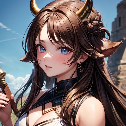 Brown haired Minotaur　Blue-eyed beautiful boy　　Cow horn　Cow earless　Has an axe　Beautiful girl face　long hair