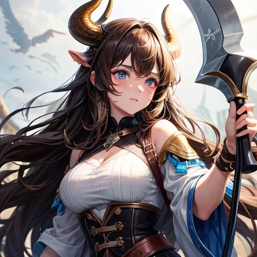 Brown haired Minotaur　Blue-eyed beautiful boy　　Cow horn　Cow earless　Has an axe　Beautiful girl face　long hair