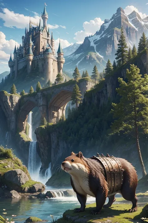 Realistic beaver photo, wearing a shiny armour with sword and shielf, epic castle in the background, one beaver