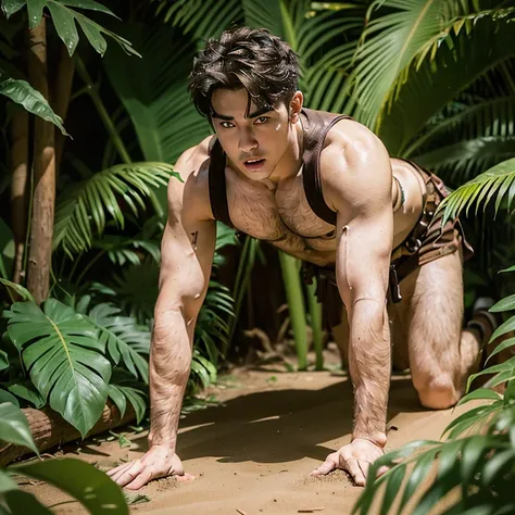 (((1 male character and a group of men - a young adult male explorer with messy brown hair and tight erotic expedition jungle outfit is exploring the jungle when he comes across a group of ugly fat bastards men who are also exploring the jungle and they fu...