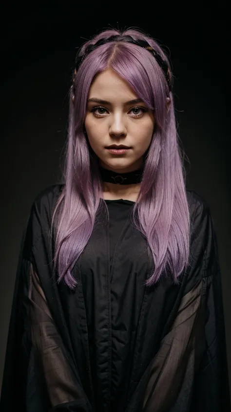 Girl with lilac hair, wearing a black cloak, and orange eyes 